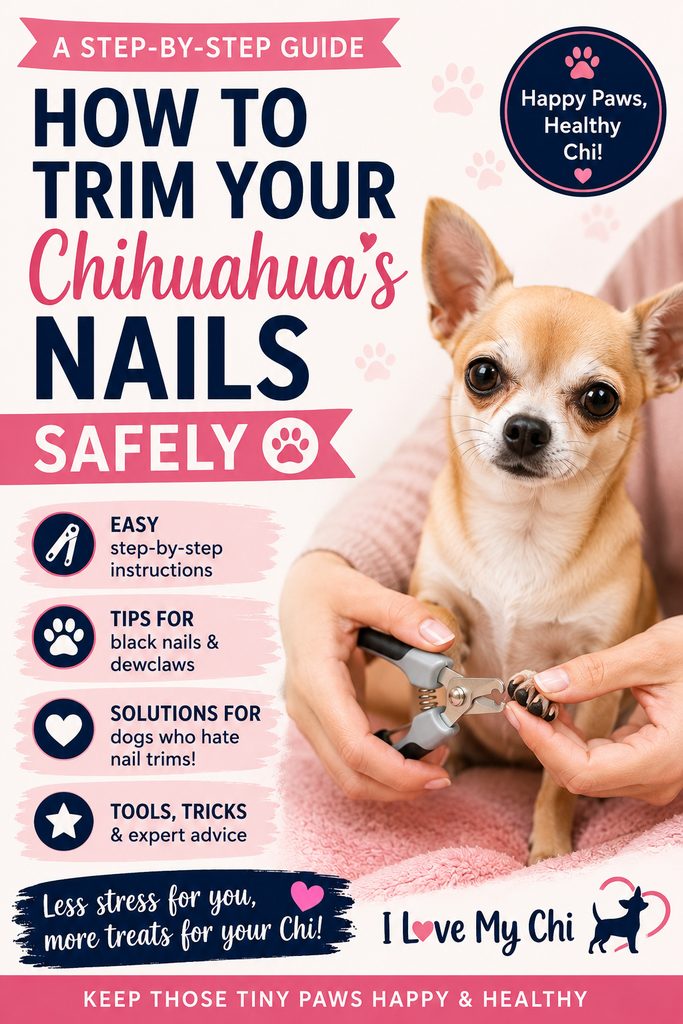 Chihuahua having its nails trimmed with clippers, featuring tips for safe nail trimming, black nails, dewclaws, and stress-free nail care.