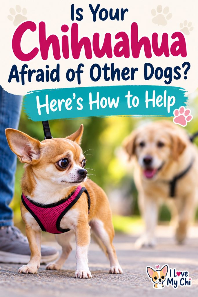 Pinterest graphic featuring a nervous Chihuahua in a pink harness watching a larger dog, with text reading “Is Your Chihuahua Afraid of Other Dogs? Here’s How to Help.”