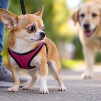 A nervous Chihuahua in a pink harness stands close to its owner while watching a larger dog approach in the background.