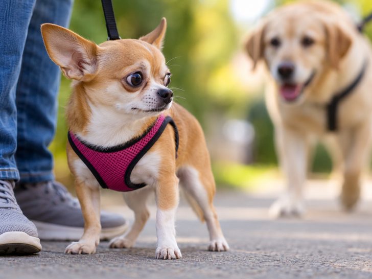 A nervous Chihuahua in a pink harness stands close to its owner while watching a larger dog approach in the background.