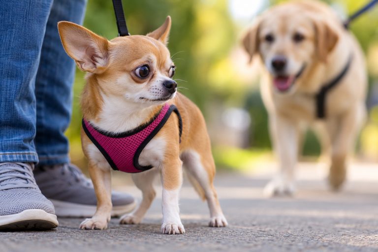 A nervous Chihuahua in a pink harness stands close to its owner while watching a larger dog approach in the background.