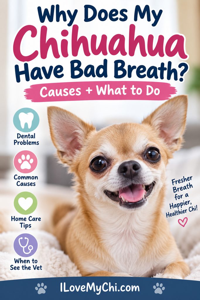 Pinterest graphic featuring a smiling Chihuahua with the text “Why Does My Chihuahua Have Bad Breath? Causes + What to Do,” highlighting dental problems, common causes, home care tips, and when to see the vet.
