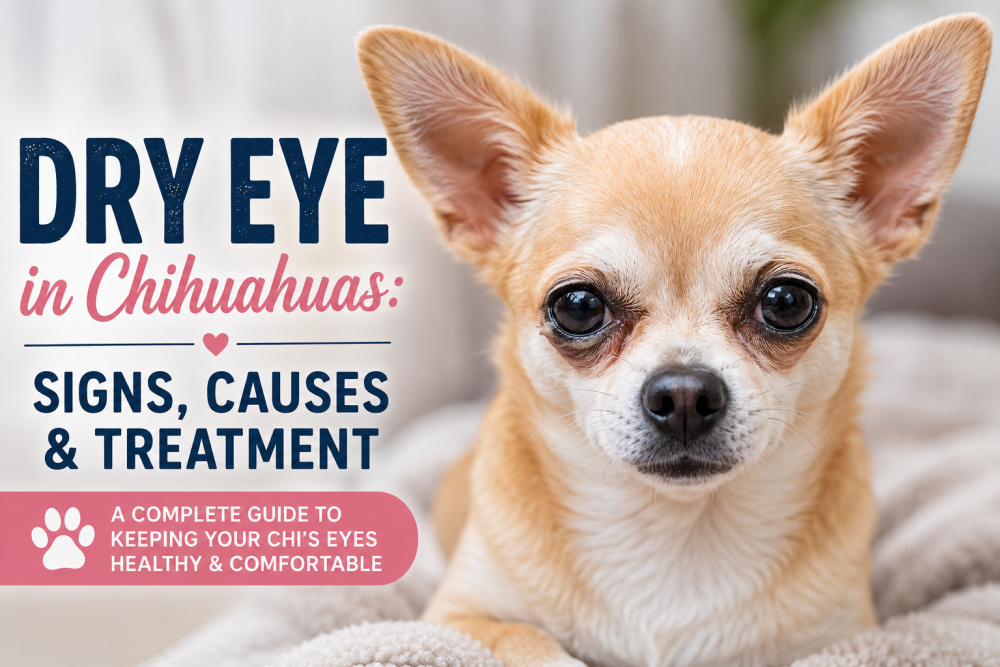 Close-up of a Chihuahua with slightly watery eyes beside text reading “Dry Eye in Chihuahuas: Signs, Causes & Treatment.”