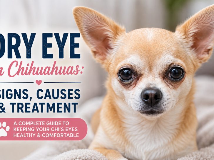 Close-up of a Chihuahua with slightly watery eyes beside text reading “Dry Eye in Chihuahuas: Signs, Causes & Treatment.”