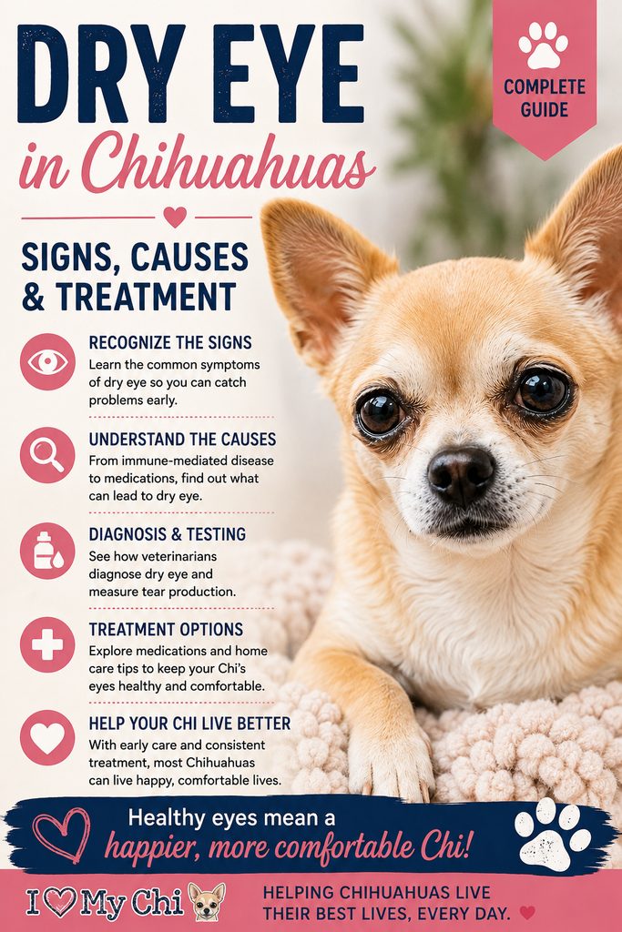 Pinterest graphic featuring a Chihuahua with information about dry eye signs, causes, diagnosis, testing, treatment, and care.