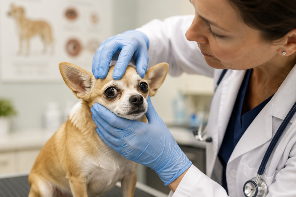 Veterinarian gently examining a Chihuahua’s eyes during a veterinary appointment to check for dry eye and other eye problems.