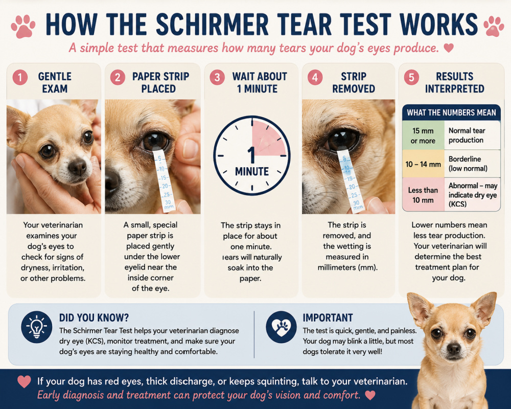 Infographic showing how the Schirmer Tear Test measures tear production in dogs using a small paper strip placed under the lower eyelid for about one minute.