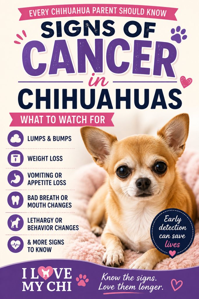 Pinterest graphic showing signs of cancer in Chihuahuas, including lumps, weight loss, appetite changes, bad breath, and lethargy.