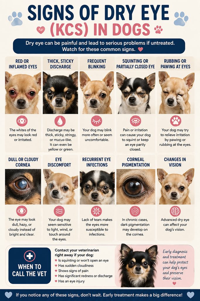 Infographic showing signs of dry eye in dogs, including red eyes, sticky discharge, frequent blinking, squinting, eye rubbing, cloudy corneas, discomfort, infections, pigmentation, and vision changes.