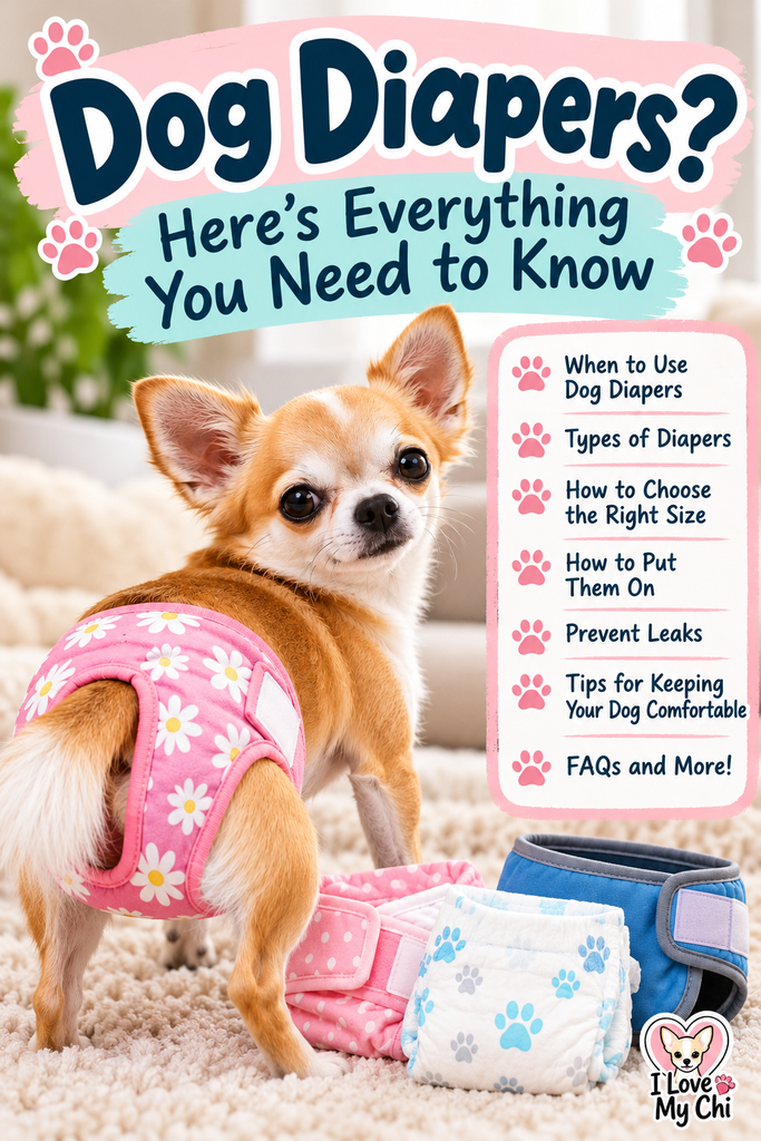 Tan and white Chihuahua wearing a pink floral diaper beside washable and disposable dog diapers. Pinterest graphic titled “Dog Diapers? Here’s Everything You Need to Know,” featuring tips on choosing the right size, preventing leaks, and keeping dogs comfortable.