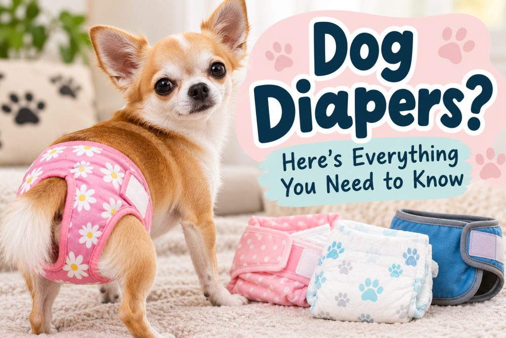 Tan and white Chihuahua wearing a pink floral dog diaper, with washable and disposable dog diapers displayed beside it and the text “Dog Diapers? Here’s Everything You Need to Know.”