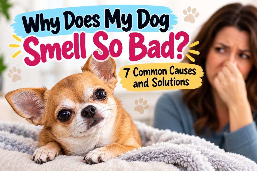 Tan Chihuahua lying on a fluffy blanket with a woman holding her nose in the background. Text reads “Why Does My Dog Smell So Bad? 7 Common Causes and Solutions,” highlighting common reasons for dog odors.