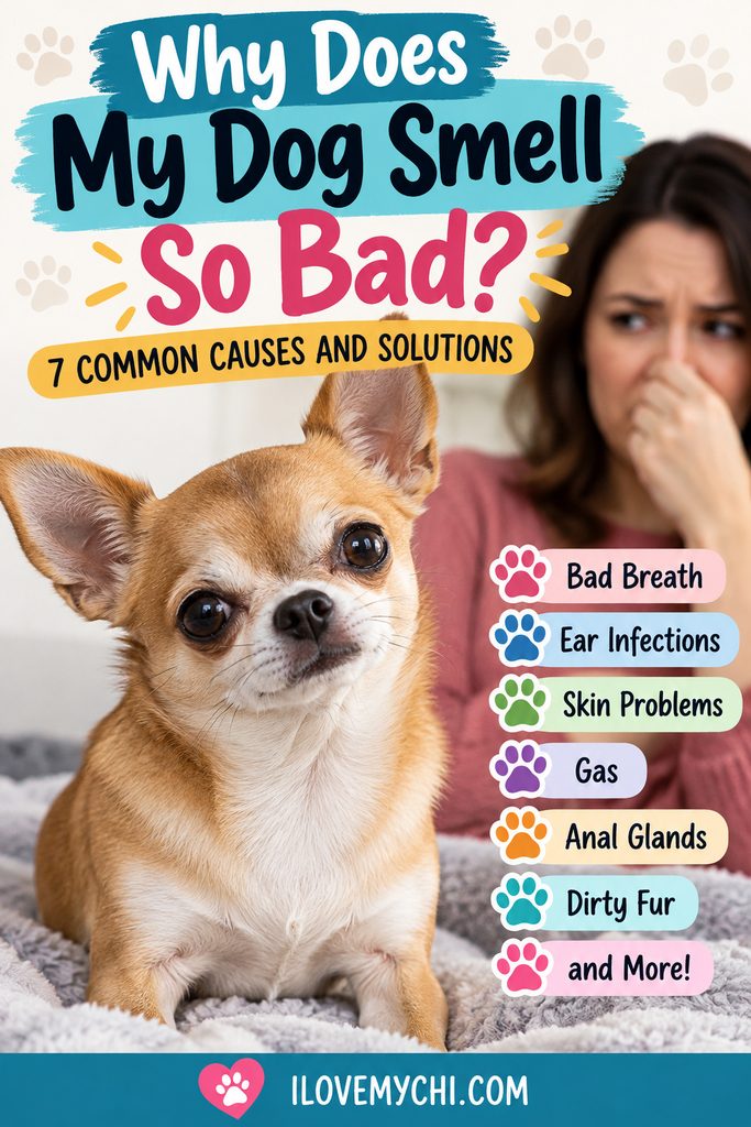 Pinterest image featuring a tan Chihuahua with a woman holding her nose in the background. Text reads “Why Does My Dog Smell So Bad? 7 Common Causes and Solutions,” highlighting bad breath, ear infections, skin problems, gas, anal glands, and dirty fur.