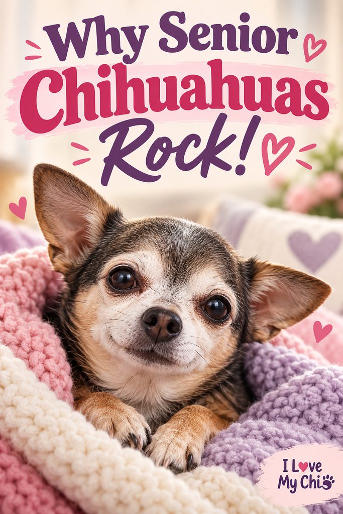 Adorable senior Chihuahua with a gray muzzle and big brown eyes snuggled in soft pink, purple, and cream blankets. The image features the text “Why Senior Chihuahuas Rock!” with pink hearts and the I Love My Chi logo in the bottom corner.
