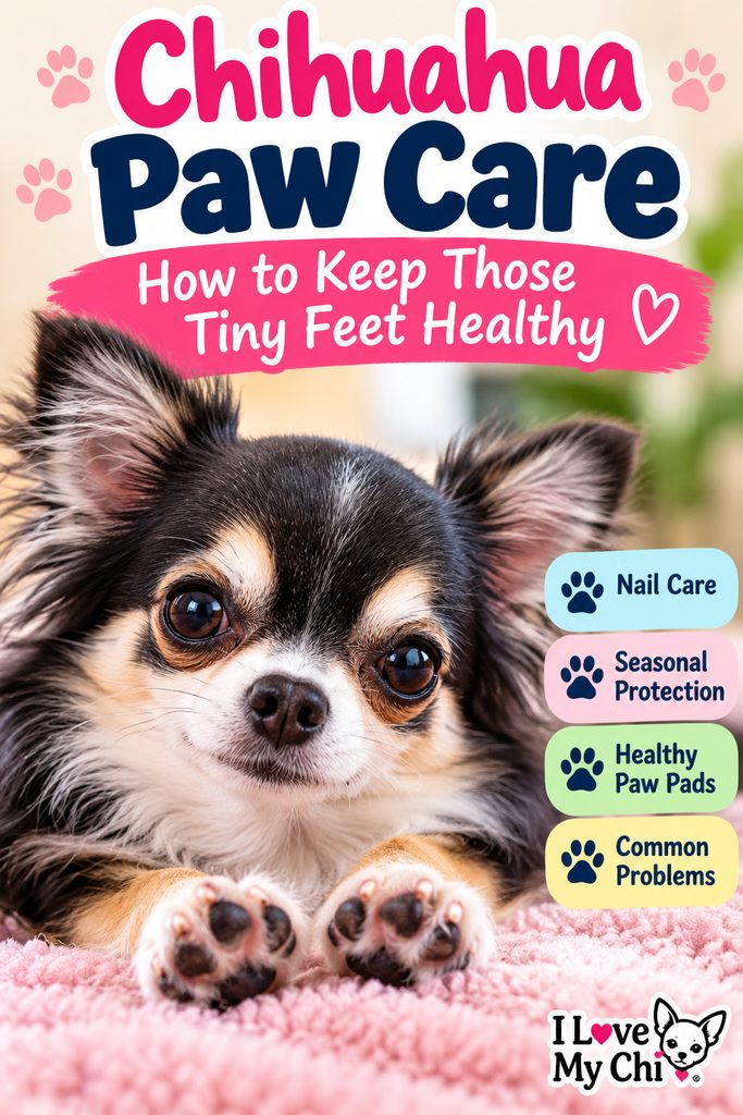 Long-haired black, tan and white Chihuahua showing its paws with text highlighting Chihuahua paw care, nail care, seasonal protection, healthy paw pads and common paw problems.