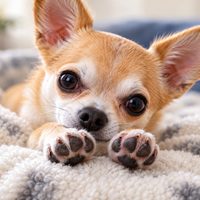 Tan and white Chihuahua resting on a soft blanket with its front paws and paw pads visible.