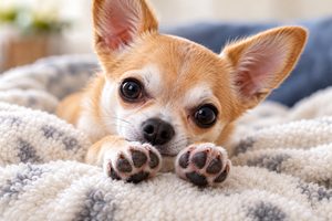 Tan and white Chihuahua resting on a soft blanket with its front paws and paw pads visible.