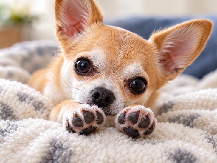Tan and white Chihuahua resting on a soft blanket with its front paws and paw pads visible.