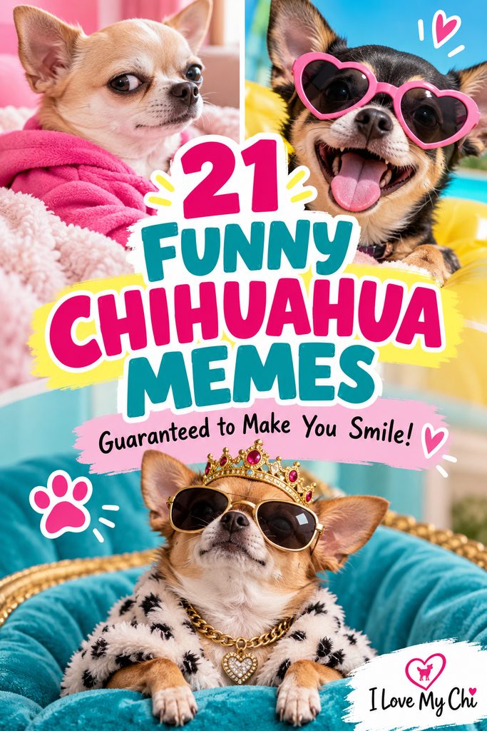 Pinterest image featuring three adorable Chihuahuas with funny expressions, including one wearing pink heart-shaped sunglasses and another dressed like royalty with a crown and sunglasses. Bright pink, teal, and yellow text reads “21 Funny Chihuahua Memes – Guaranteed to Make You Smile!” with the I Love My Chi logo in the bottom corner.