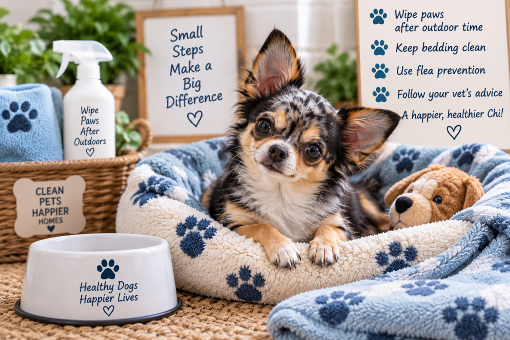 Alt text: Merle Chihuahua resting in a cozy dog bed surrounded by home allergy-care reminders, including wiping paws, cleaning bedding, flea prevention, and following veterinary advice.