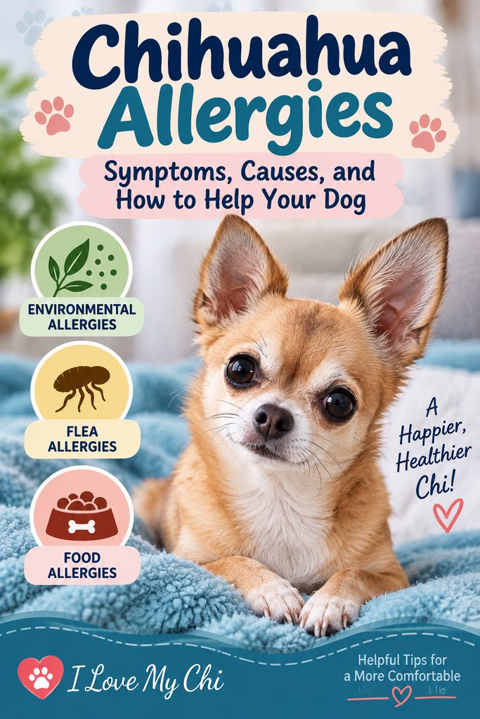Pinterest graphic featuring a Chihuahua with icons for environmental, flea, and food allergies and the title “Chihuahua Allergies: Symptoms, Causes, and How to Help Your Dog.”
