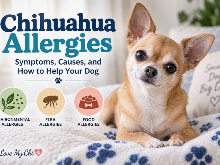 Chihuahua resting on a blanket beside icons representing environmental, flea, and food allergies, with the title &ldquo;Chihuahua Allergies: Symptoms, Causes, and How to Help Your Dog.&rdquo;