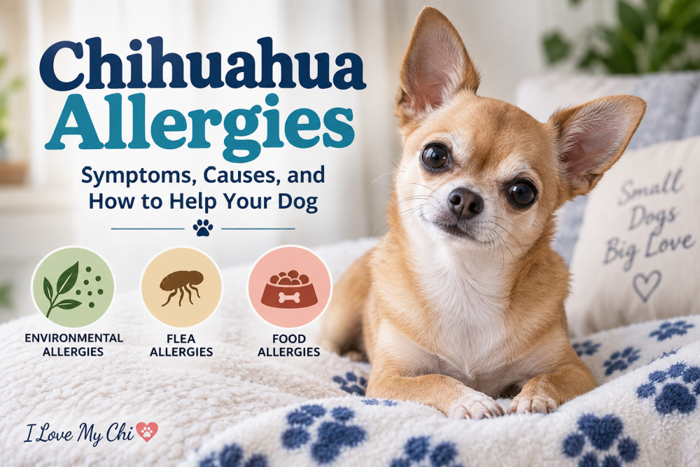 Chihuahua resting on a blanket beside icons representing environmental, flea, and food allergies, with the title “Chihuahua Allergies: Symptoms, Causes, and How to Help Your Dog.”