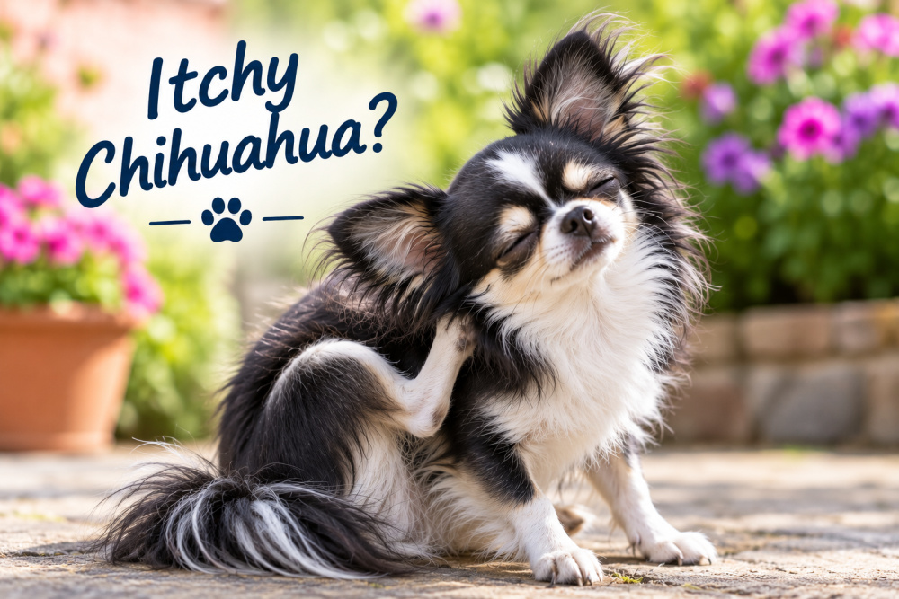 Long-haired black and white Chihuahua scratching its neck outdoors, illustrating itching as a common sign of allergies in dogs.
