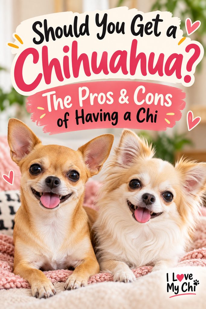 Pinterest image featuring two happy Chihuahuas, one short-haired tan and one long-haired cream, lying together on a pink blanket. Text reads “Should You Get a Chihuahua? The Pros & Cons of Having a Chi,” with pink hearts and the I Love My Chi logo in the bottom right corner.