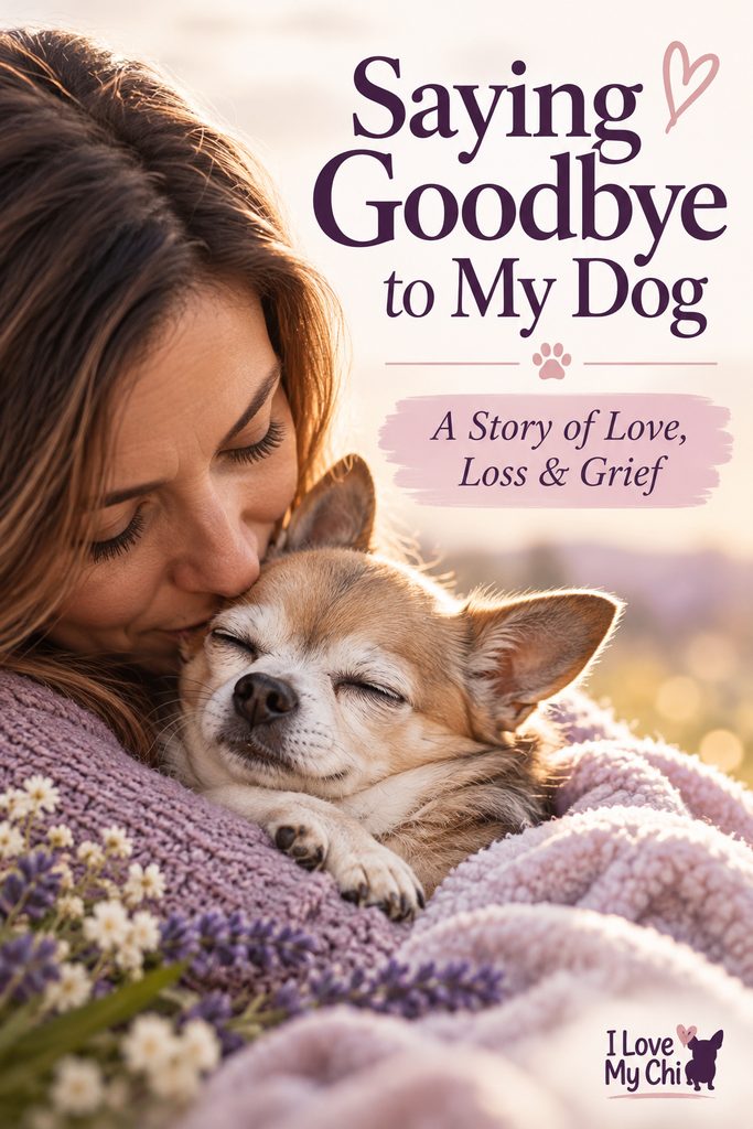 A woman gently kisses her sleeping Chihuahua while holding it close in a soft lavender blanket. The Pinterest image reads “Saying Goodbye to My Dog: A Story of Love, Loss & Grief,” with the I Love My Chi logo in the bottom corner.