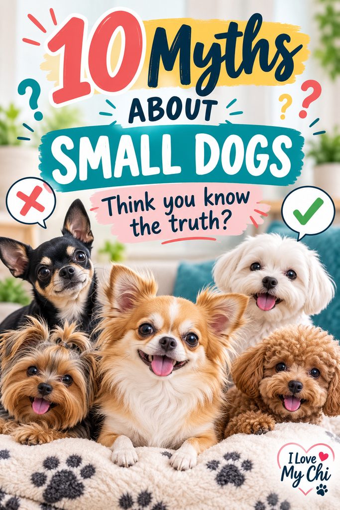Pinterest graphic for “10 Myths About Small Dogs” featuring a group of happy small dogs, including Chihuahuas, a Yorkie, Maltese, and Poodle, with colorful myth-versus-truth symbols.