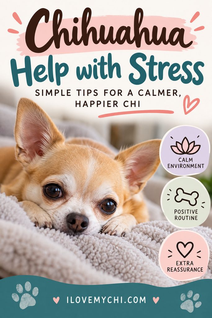 A tan and white Chihuahua rests peacefully on a soft, fluffy blanket. Text reads “Chihuahua Help with Stress: Simple Tips for a Calmer, Happier Chi,” with tips highlighting a calm environment, positive routines, and extra reassurance.