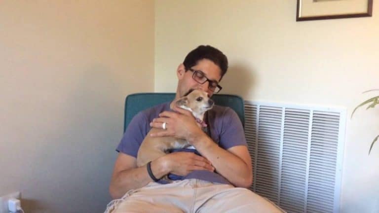 man with glasses holding chihuahua
