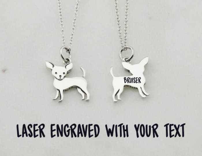 silver chihuahua dog necklace that is engraved on back with name