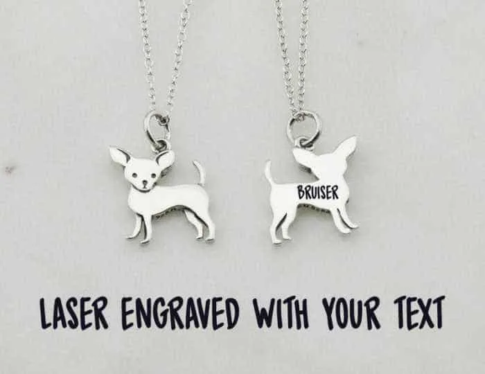 silver chihuahua dog necklace that is engraved on back with name