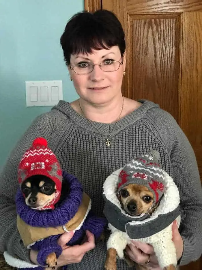 woman holding 2 chihuahuas in winter coats