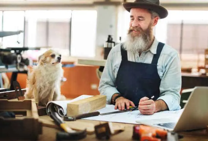 tradesman at work with chihuahua