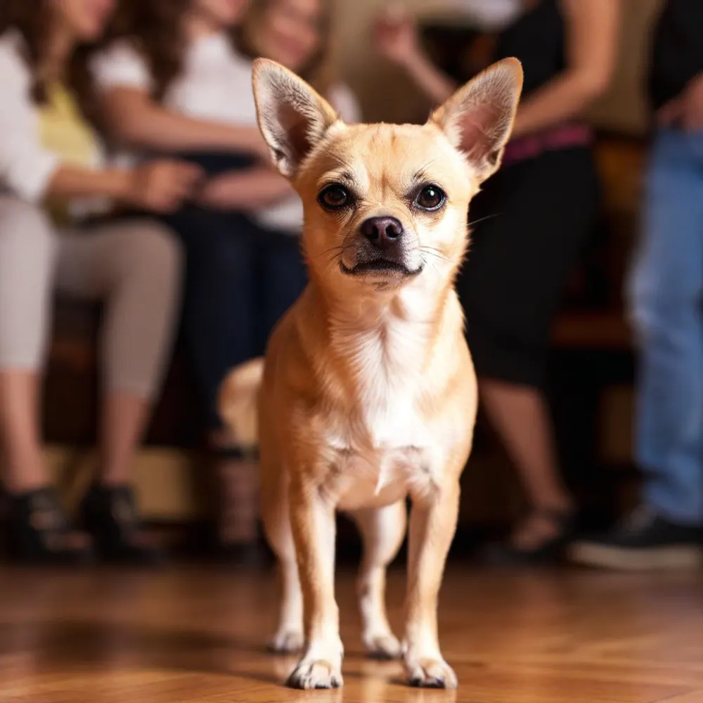 Fawn chihuahua inside around people in the background.