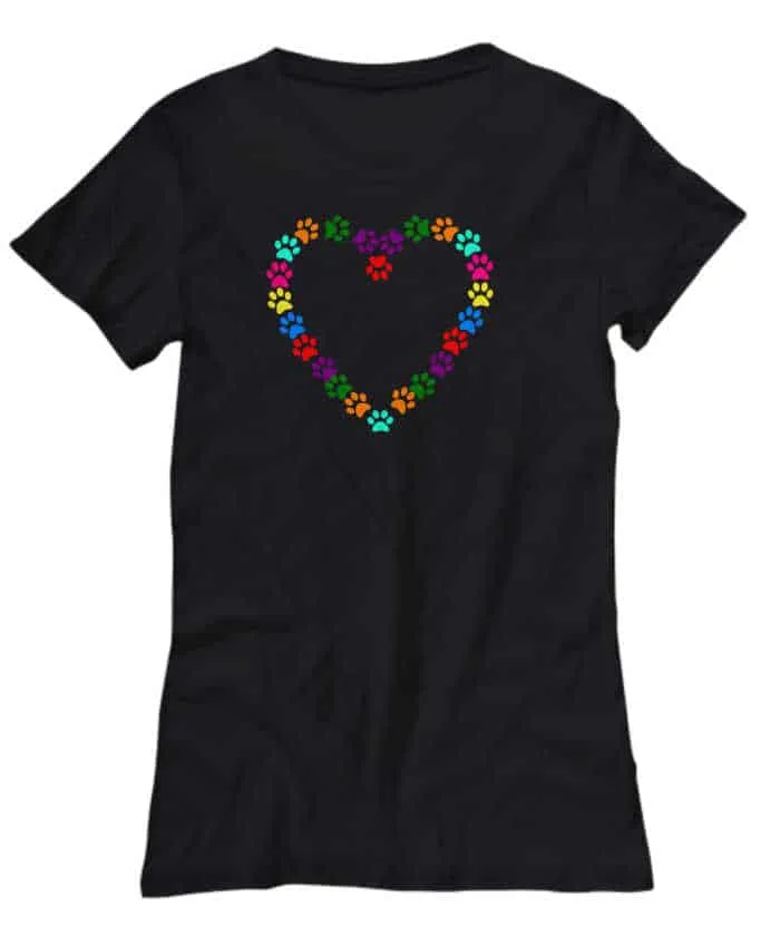 Tshirt with outline of heart made with colorful dog paw prints