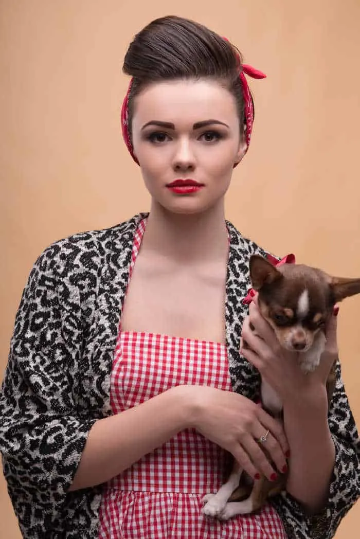 sad woman holding brown and white chihuahua