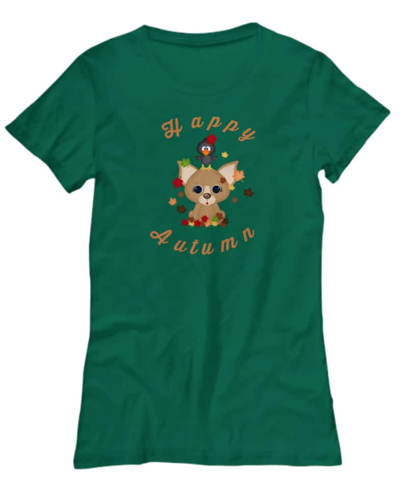 Green tshirt that says Happy Autumn with chihuahua dog graphic with crow sitting on top