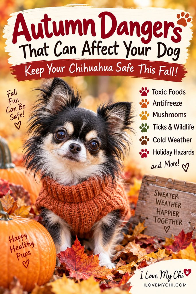A black, white, and tan long-haired Chihuahua wearing a cozy orange sweater sits among colorful autumn leaves and pumpkins. The fall-themed Pinterest graphic highlights common seasonal dangers for dogs, including toxic foods, antifreeze, mushrooms, ticks, wildlife, cold weather, and holiday hazards.
