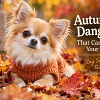 Long-haired Chihuahua wearing a cozy orange sweater while sitting in colorful autumn leaves beside a pumpkin, with text about autumn dangers for dogs.