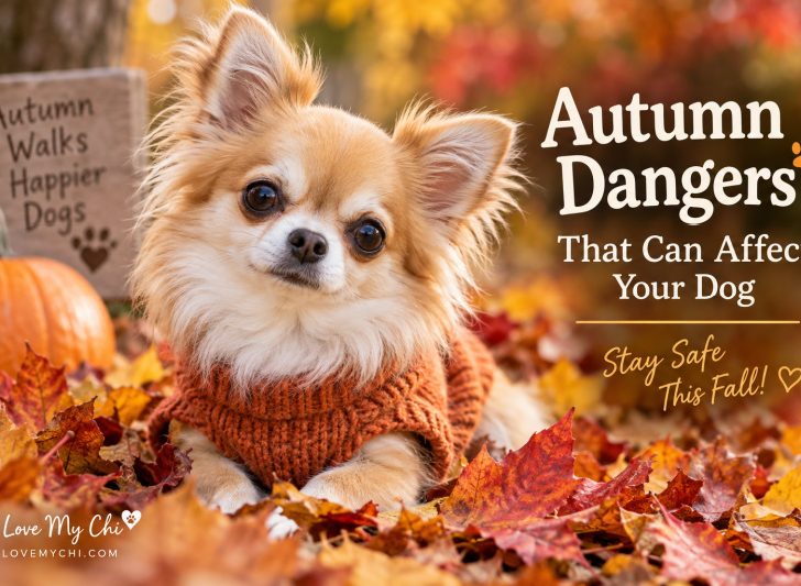 Long-haired Chihuahua wearing a cozy orange sweater while sitting in colorful autumn leaves beside a pumpkin, with text about autumn dangers for dogs.