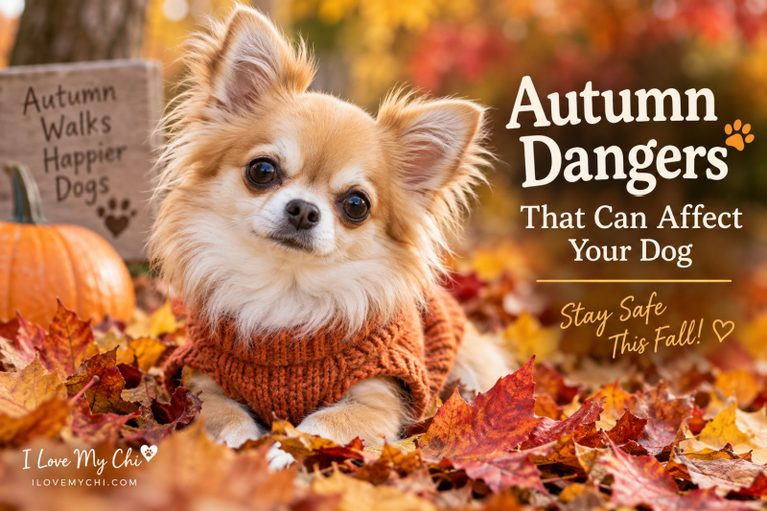Long-haired Chihuahua wearing a cozy orange sweater while sitting in colorful autumn leaves beside a pumpkin, with text about autumn dangers for dogs.