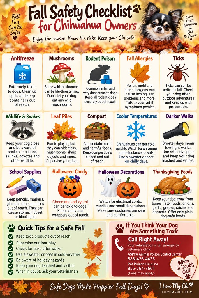 Fall safety checklist for Chihuahua owners showing common autumn hazards including antifreeze, mushrooms, rodent poison, ticks, cold weather, Halloween candy and Thanksgiving foods.