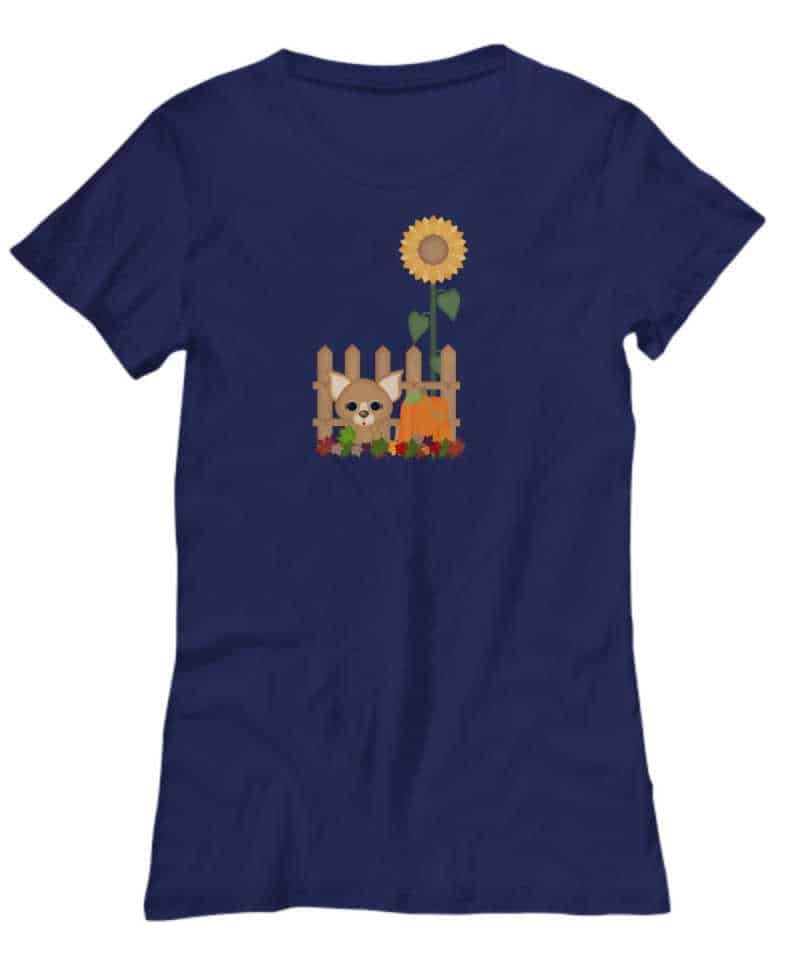 t shirt with a chihuahua, sunflower, gate and pumpkin