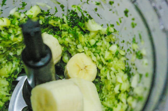 chopped banana in food processor