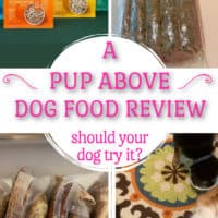 4 photos of A Pup Above dog food and dogs eating it