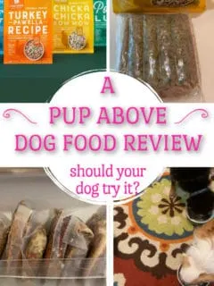 4 photos of A Pup Above dog food and dogs eating it